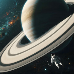 a tiny astronaut floating in space, looking at the immense ring system of a gas giant planet that dominates the view