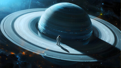 a tiny astronaut floating in space, looking at the immense ring system of a gas giant planet that dominates the view