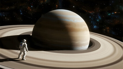 a tiny astronaut floating in space, looking at the immense ring system of a gas giant planet that dominates the view