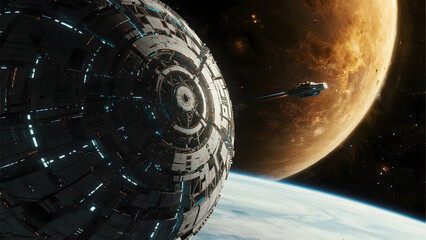 a Dyson sphere structure built around a star, view from a small spaceship approaching it,