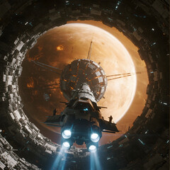 a Dyson sphere structure built around a star, view from a small spaceship approaching it,