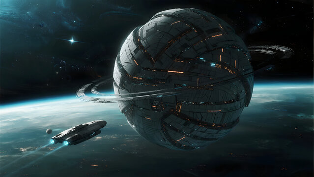 a Dyson sphere structure built around a star, view from a small spaceship approaching it,