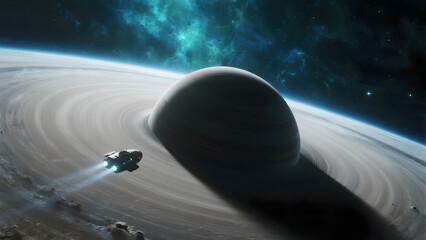 a supermassive black hole's accretion disk, a tiny futuristic probe ship nearby for scale