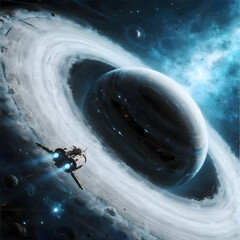 a supermassive black hole's accretion disk, a tiny futuristic probe ship nearby for scale