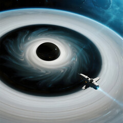 a supermassive black hole's accretion disk, a tiny futuristic probe ship nearby for scale