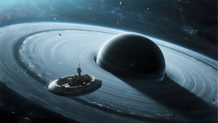 a supermassive black hole's accretion disk, a tiny futuristic probe ship nearby for scale