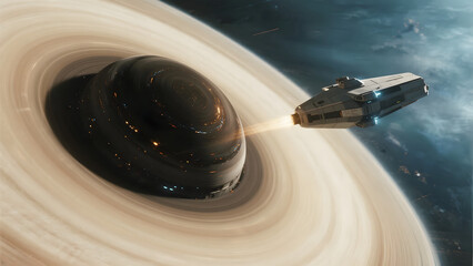 a supermassive black hole's accretion disk, a tiny futuristic probe ship nearby for scale