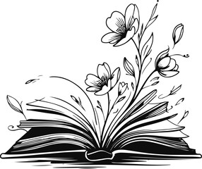 Black and white hand-drawn open book with flower vector, minimal doodle style, bold smooth ink line art, abstract cozy lifestyle silhouette, professional high-quality vector illustration 1