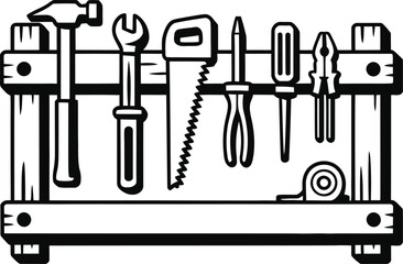 Collection of hand tools arranged on a wooden rack