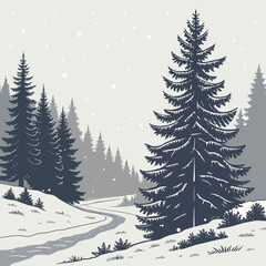 Obraz premium Winter landscape with snowy forest and winding road in a serene scenery