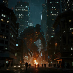 a colossal kaiju monster, larger than skyscrapers, slowly walking through the center of a dense city at night