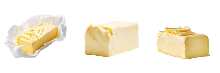 Fresh butter blocks on transparent background food photography culinary art studio lighting close-up view