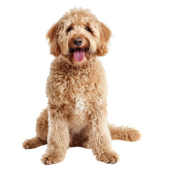 Happy golden doodle sitting, tongue out, looking at the camera