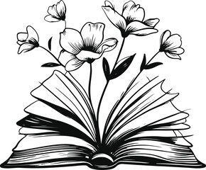 Black and white hand-drawn open book with flower vector, minimal doodle style, bold smooth ink line art, abstract cozy lifestyle silhouette, professional high-quality vector illustration 3