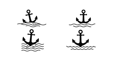 Four black anchor icons in different positions on wavy lines and water