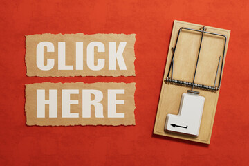 Internet Scam Concept. Computer Mouse Trap With Click Here Text Symbolizing Online Fraud. 3d...