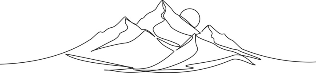 continuous single line drawing of sunset in mountains, line art vector illustration