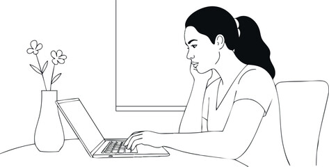 Woman Working on Laptop at Desk with Vase and Flowers Minimalist Line Art Vector 