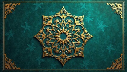 Golden mandala pattern on deep teal background Elegant Islamic luxury aesthetic , template, muslim, illustration