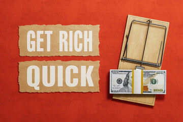 Financial Scam Concept. Mouse Trap With Dollar Bills Next To Get Rich Quick Text. 3d Rendering