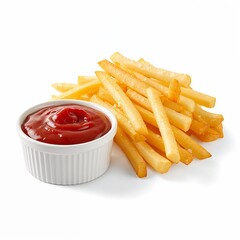 Crispy golden french fries served with a side of ketchup in a white ramekin