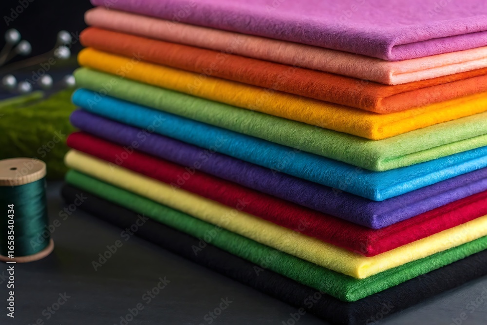 Poster closeup of a colorful stack of fabrics, showcasing a vibrant spectrum of colors and textures, perfec