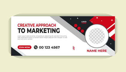 Professional corporate Facebook cover banner template with clean white background, modern layout, photo placeholder and bold red accent design