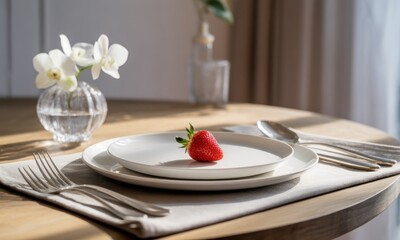 Single strawberry on plate, minimalist table setting with orchid vase