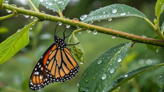 A monarch butterfly breaking free from its cocoon on a green branch, morning dew sparkling,