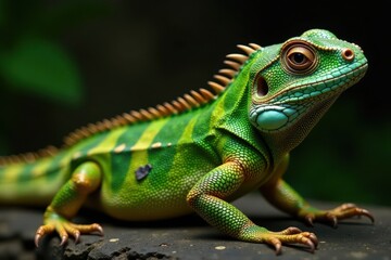 Obraz premium Intricate green and brown scales on a lizard's back, reptile skin, design, vibrant