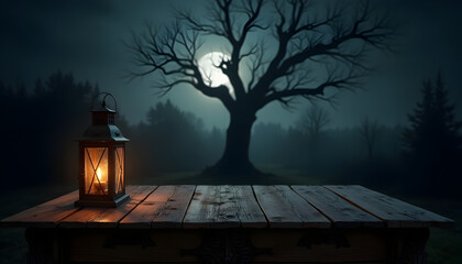 Lantern on Table with Eerie Tree and Full Moon in Dark Forest