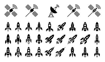Black Silhouette Icons of Satellites and Various Rocket Ships on White Background spaceship