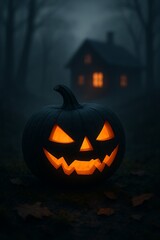 Eerie Halloween Night Glowing Jack o Lantern and Haunted House in Fog