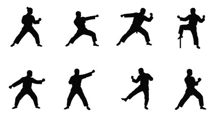 Silhouettes of a man performing various martial arts moves and stances in black