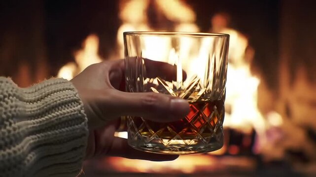 A hand holding a glass of whiskey in front of a fireplace creating a cozy and warm atmosphere