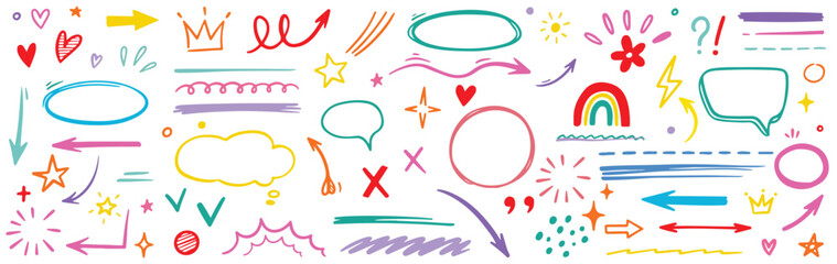 Line hand drawn brush marker arrow, heart shape element kid color set. Hand drawn sketch marker underline shape, arrow, star marker brush pen stroke icon heart element. Vector stock illustration