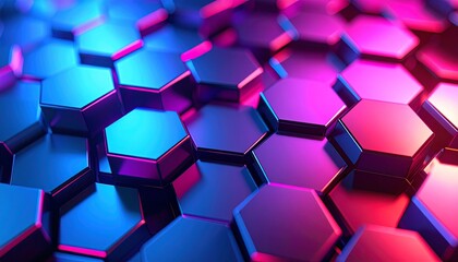3D hexagonal pattern with vibrant blue and pink gradient lighting.