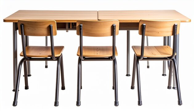 Wooden classroom desk with metal frame and two matching chairs facing forward.