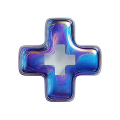Obraz premium A stylized plus sign, rendered in 3D, appears as a glossy, iridescent, iridescent, purple-blue crystal. A stark white plus symbol is centrally positioned