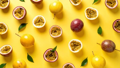Whole and halved passion fruits with green leaves on vibrant yellow background.