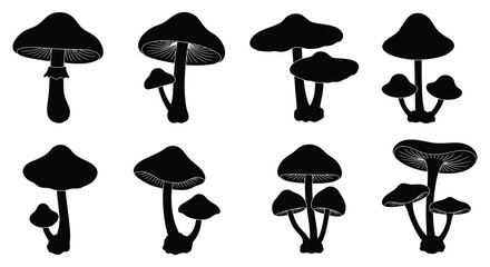 A collection of various mushroom silhouettes in different shapes and sizes