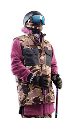 Skier close-up. Skiing. Portrait of a skier. Sportsman in professional equipment. Advertising photo. Close-up. Sport. Isolated