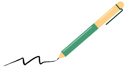 Flat minimal vector illustration of a pen with ink stroke. Perfect for stationery, writing, office, school, journaling, education, and creative design projects.