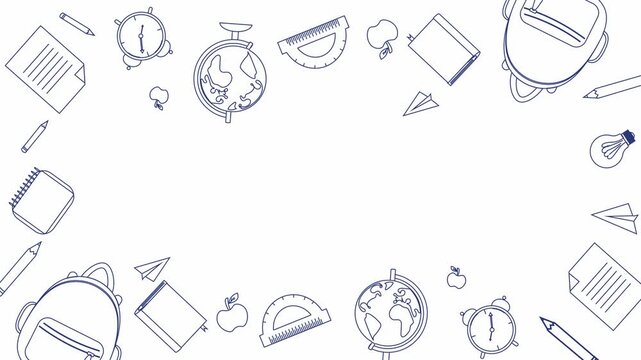 Back to school banner with frame of moving objects in style of line art. Educational element with space for text on white background. 4K, footage. Animation of backpack, globe and school supplies. 