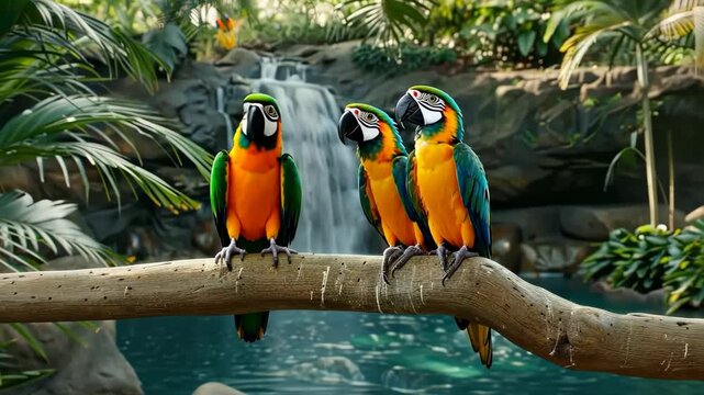 Three brightly colored parrots sit on a branch surrounded by lush greenery and a serene waterfall, showcasing nature's beauty