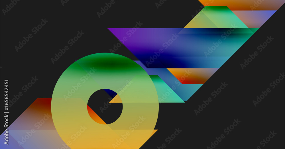 Poster abstract geometric shapes, vibrant colors blend. circle overlaps angled rectangles, creating dynamic