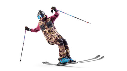 Skiing sport. The skier man doing a trick. Extreme sports. Skier in action. Sportsman in a ski...