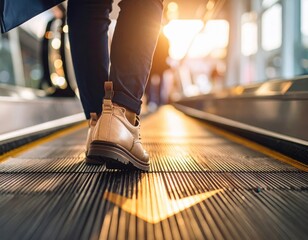 Fototapeta premium Person's feet on an escalator with warm sunlight, capturing a moment of travel.