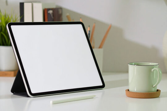 Digital business communication is displayed on a mobile tablet computer with a coffee cup on the desk