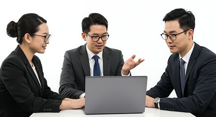 Diverse Team of Business Professionals Collaborating on a Laptop in a Modern Office Setting, Discussing Strategies and Innovative Ideas for a Successful Project